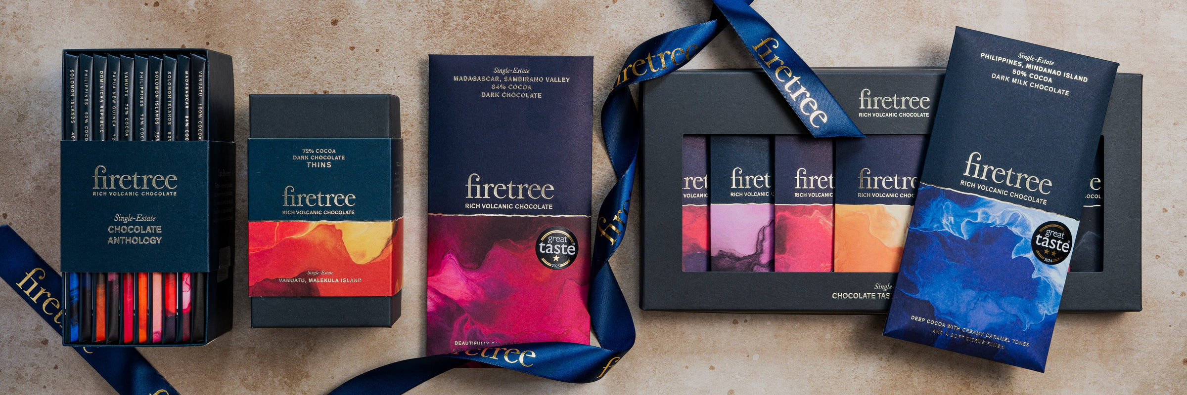 A selection of Firetree Chocolates gifts from £25 to £50 including a chocolate library set, chocolate thins and a presentation set.
